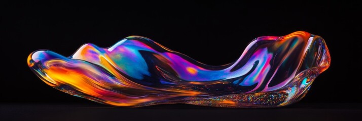 Wall Mural - A mesmerizing holographic liquid blob with vibrant iridescent colors floating against a dark backdrop, creating a captivating visual effect