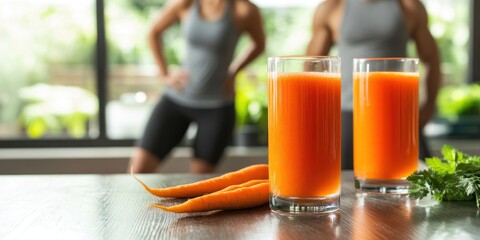 Two glasses of fresh carrot juice with carrots on a table, two people out of focus in the background.