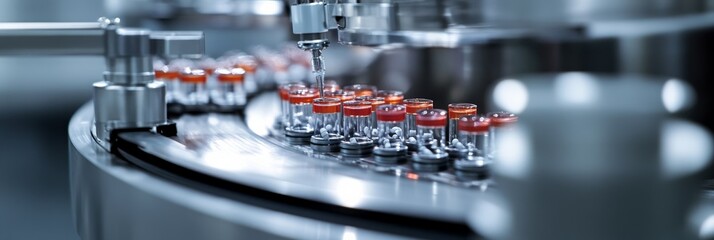 Vials are efficiently transported along a production line in a pharmaceutical facility, showcasing the automation and precision of modern manufacturing processes