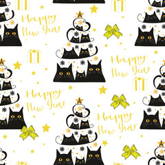 Wall Mural - Seamless trendy pattern with Christmas gifts and cats, New Year, Christmas tree with cute cats. Seamless pattern.  Holidays, winter style