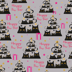 Wall Mural - Seamless trendy pattern with Christmas gifts and cats, New Year, Christmas tree with cute cats. Seamless pattern.  Holidays, winter style