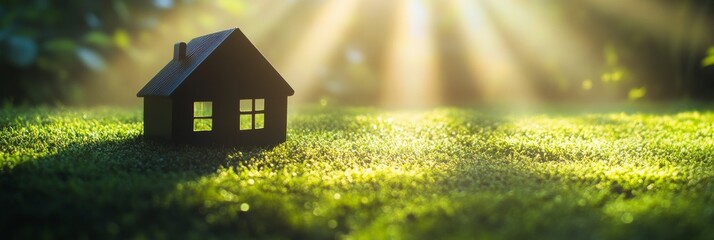 A green home icon is placed prominently on lush grass, illuminated by warm rays of sunlight filtering through surrounding trees, creating an inviting atmosphere