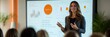 © Elmira - A confident woman engages her all-female audience, sharing insights and data during a compelling presentation in a contemporary conference space
