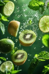 Flying fresh raw whole and sliced kiwi and lime, mint leaves on green background