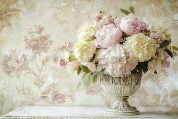 Sticker - The bouquet features delicate peonies and hydrangeas in muted colors, beautifully arranged in an ornate antique vase, enhancing a vintage decor. Generative AI