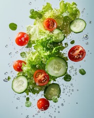 Fresh lettuce, cucumber, and tomato splashing in water, creating a vibrant and healthy salad display against a soft blue background.