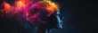 © Elmira - A striking silhouette of a human head showcases vibrant colors and abstract shapes bursting outward, representing the explosion of creativity and imagination in a dark atmosphere