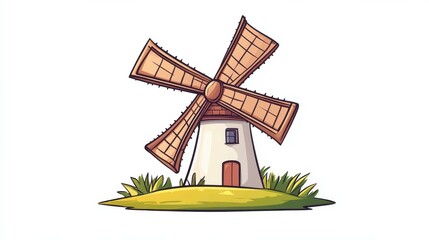 Wall Mural - Bright and playful windmill illustration with four large blades, perfect for an agricultural or quaint countryside theme.