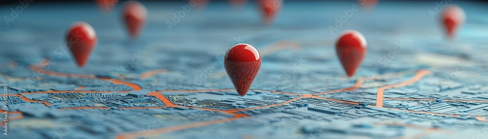 map with multiple red location pins indicating various points of ...