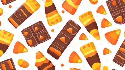 Canvas Print - Celebrate Halloween with a fun pattern of candy corn, chocolate bars, and lollipops on a clean, vibrant background.