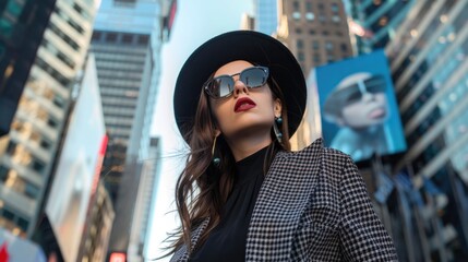 Wall Mural - Chic and self-assured woman in vibrant cityscape reflecting her unique style.