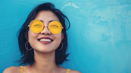 Wall Mural - Asian woman with yellow sunglasses radiating joy and charm.