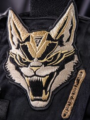 Wall Mural - Close-up of a black, gold, and white embroidered wolf patch.