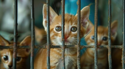 Wall Mural - Small kittens in a shelter cage, awaiting the moment they be chosen by a loving family.