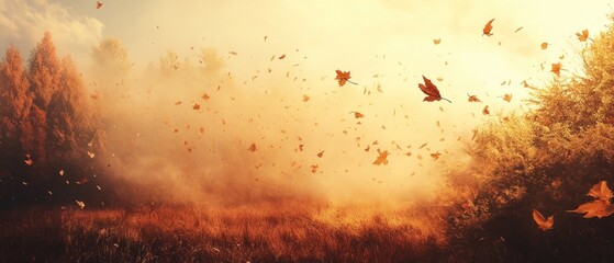 Poster - Golden Autumn Leaves Falling in a Misty Forest