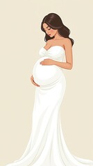 Tender moment of a pregnant woman in a flowing white dress