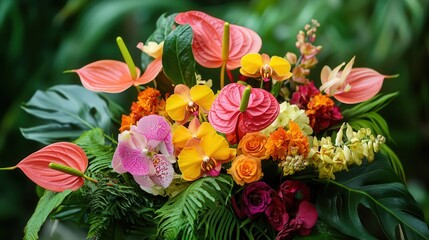 Poster - This vibrant bouquet showcases orchids, birds of paradise, and anthuriums, creating an eye-catching display in lush greenery. Generative AI