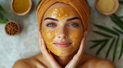 Woman Applying Honey Facial Mask For Skin Care