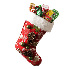  a Christmas stocking filled with small toys and treats isolated on white background.