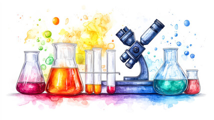 watercolor science lab background with test tubes