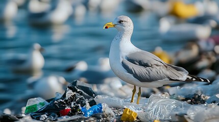 Sticker - Seagull Standing on a Pile of Plastic Waste