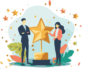 
Professional or expert who success and win award best office employee or specialist with skills to achieve goal concept success businessman and businesswoman professional stand with star award