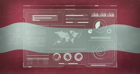 Sticker - Digital dashboard with graphs and world map animation over flag of Austria