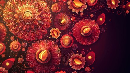 Wall Mural - Festive Red Floral Pattern with Golden Accents.