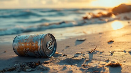 Sticker - Rusty Can on a Sandy Beach at Sunset