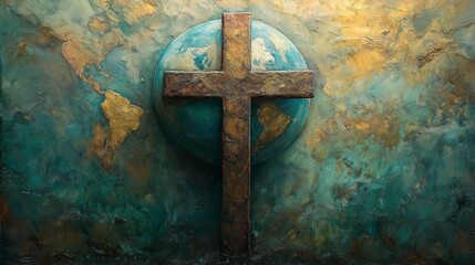 Watercolor painting of Earth cradled by a Christian cross, representing global faith, spirituality, world religions, 3