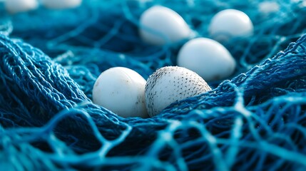 White Eggs Trapped in a Blue Fishing Net