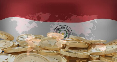 Poster - Paraguay flag and world map animation over pile of gold yen coins