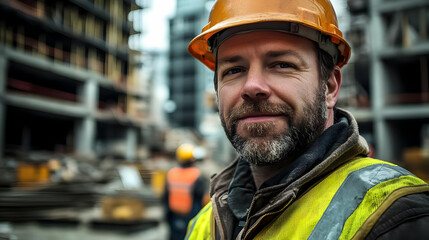 A construction worker in a safety helmet and vest on-site.