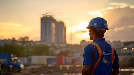 A construction worker observes a building site at sunset.