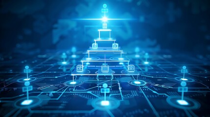 Wall Mural - abstract digital network hierarchy with blue circuit board background glowing pyramid structure for 
