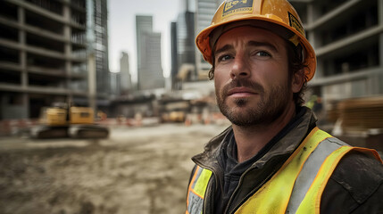 Poster - A construction worker on-site in an urban environment.