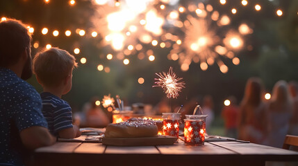 Wall Mural - A cozy outdoor gathering with fireworks and festive lights.