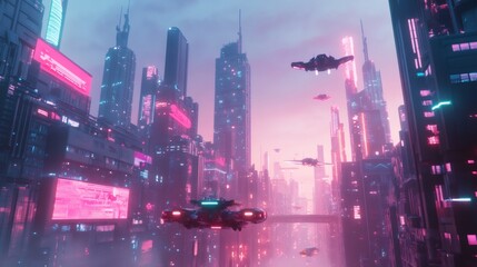 A cyberpunk city skyline with glowing neon signs and flying vehicles.