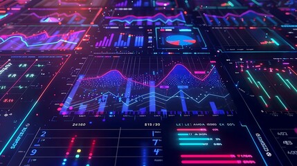 Wall Mural - digital display with complex series of colored graphs visualizing data for modern analysis technolog