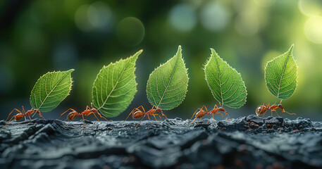 A conceptual Eco green sustainable living, zero waste, plastic free, earth day, world environment day, Ants are carrying tree large leaves. Many ants are carrying the leaves in a row on a log.