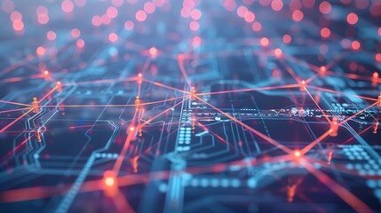 Wall Mural - abstract digital network visualization with red glowing data transfer connection line dots for the m