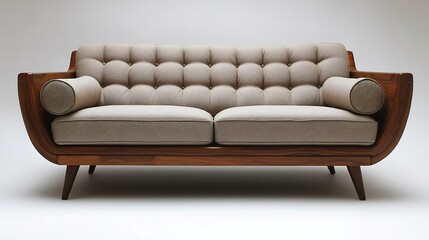 Midcentury modern sofa with tufted cushions and wooden legs isolated on a white background