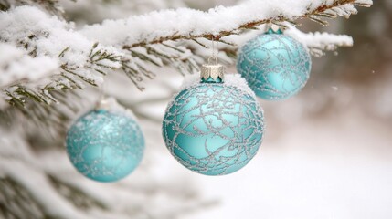 Turquoise Christmas ornaments dangle from an evergreen tree blanketed in fresh white snow, creating a festive winter atmosphere