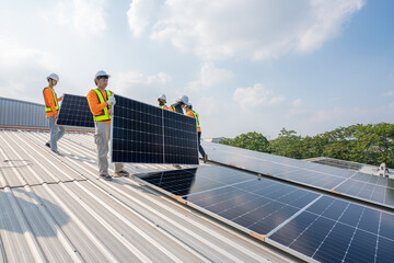 Men technicians carrying photovoltaic solar moduls on roof of factory on the morning. Installing a Solar Cell on a Roof. Solar panels on roof. Workers installing solar cell power plant eco technology.