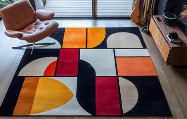 Wall Mural - 48. **Full-size modern rug pattern with a seamless grid of vibrant, geometric shapes and clean lines**