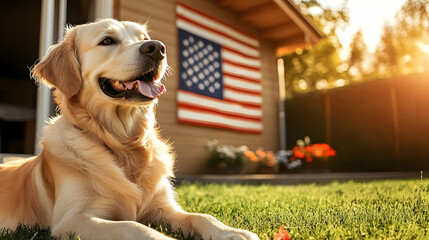 Wall Mural - A golden retriever relaxing on grass near a house with an American flag.