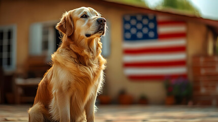 Poster - A golden retriever sits proudly in front of a rustic house with an American flag.