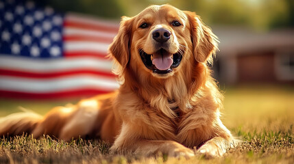 Wall Mural - A golden retriever smiling in a grassy field with an American flag.