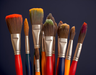 set of brushes, brushes and paints, brushes on a white