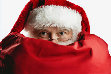 Wall Mural - santa with a red hat and glasses holding a red bag. He is hiding something in the bag